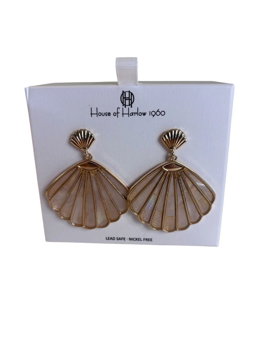 Gold Tone Scalloped Shell Drop Earring w/ Iridescent Mother-of-Pearl Inlay.